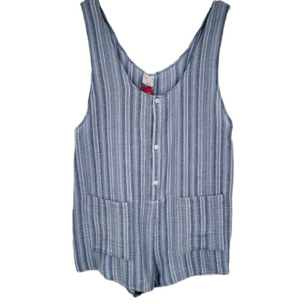 Xhilaration Romper Shorts Outfit Pockets Blue Striped Button Small Swim Cover Up